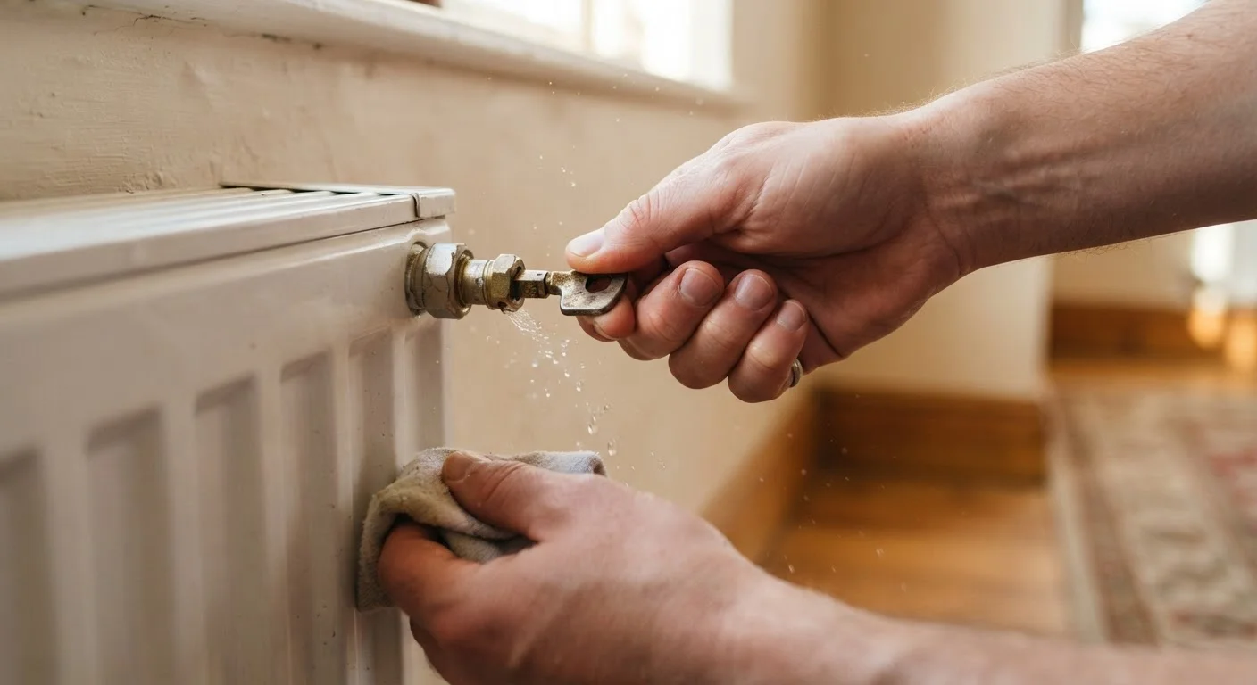 A hand inserting a radiator bleed key into the bleed valve of a white wall-mounted radiator