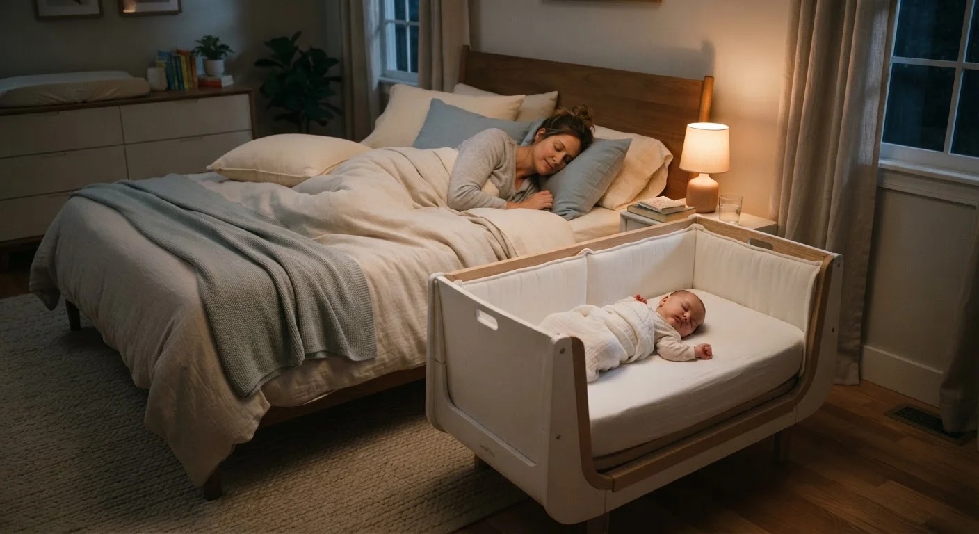 Baby sleeping safely in a crib placed beside a parent's bed in a softly lit nursery