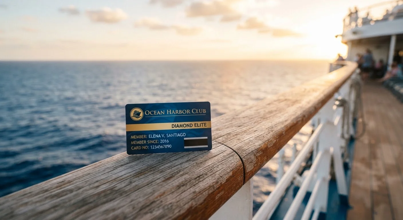 A cruise loyalty membership card on a ship deck railing with ocean view in background