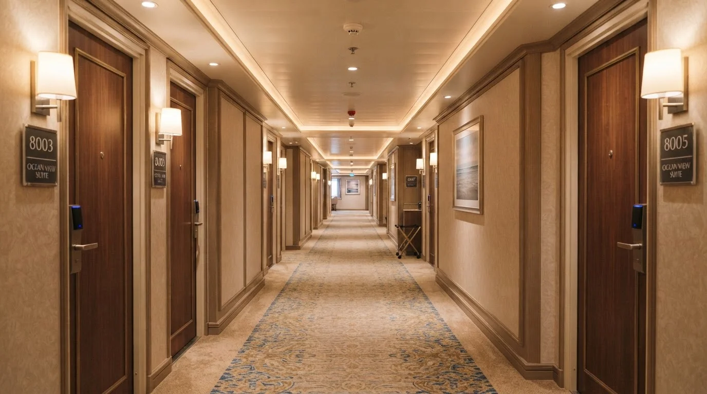 A well-lit cruise ship hallway with numbered cabin doors stretching into the distance
