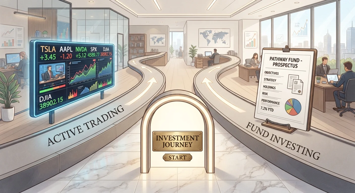 Two investment paths diverging, representing ETFs and mutual funds as distinct options for investors.