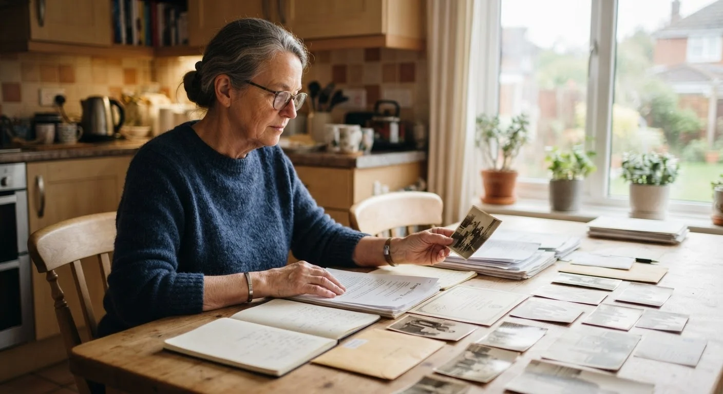 Person reviewing insurance claim documents and photos organized on a kitchen table