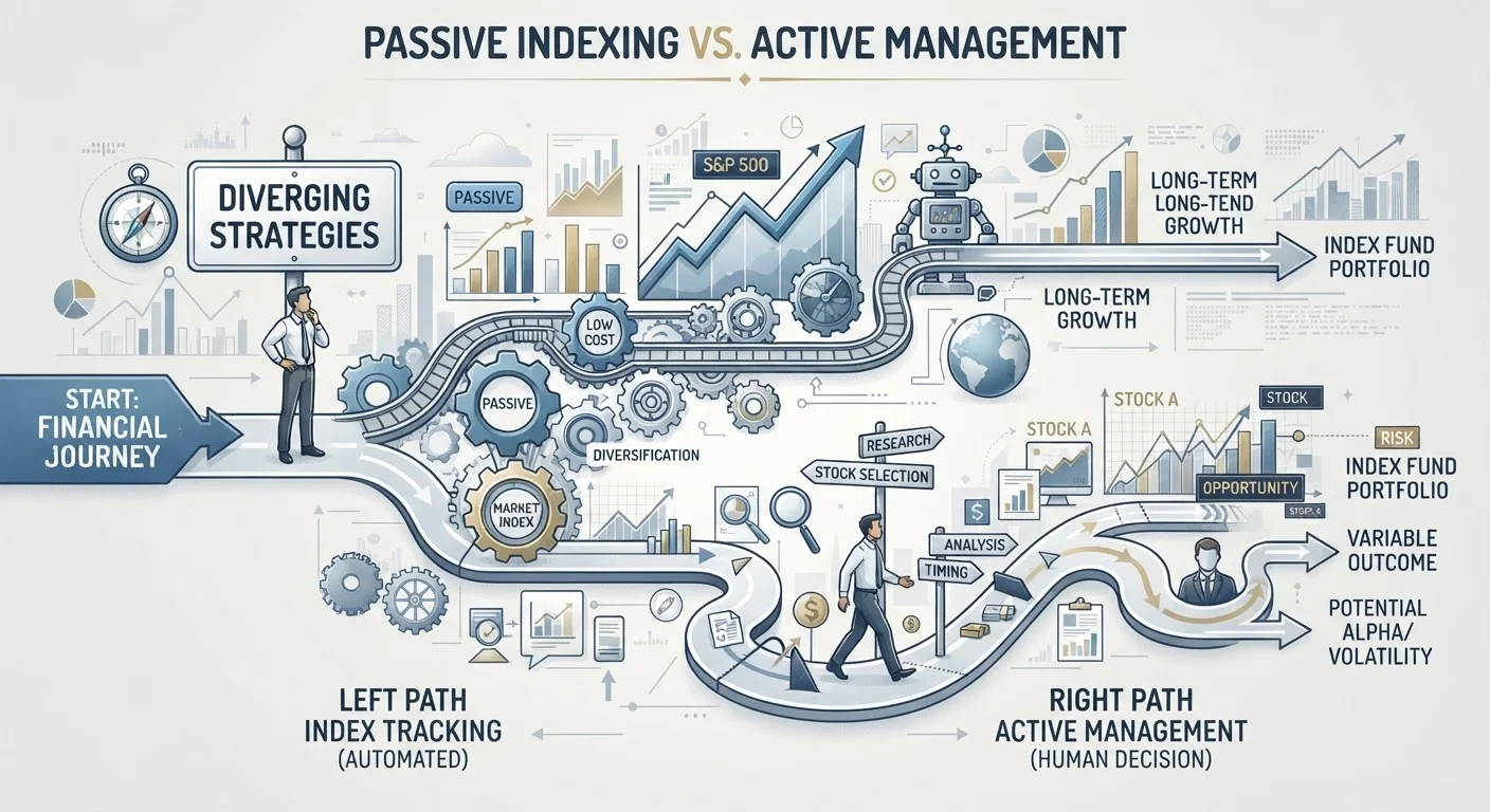 Two contrasting paths representing index fund automation versus active fund management decisions