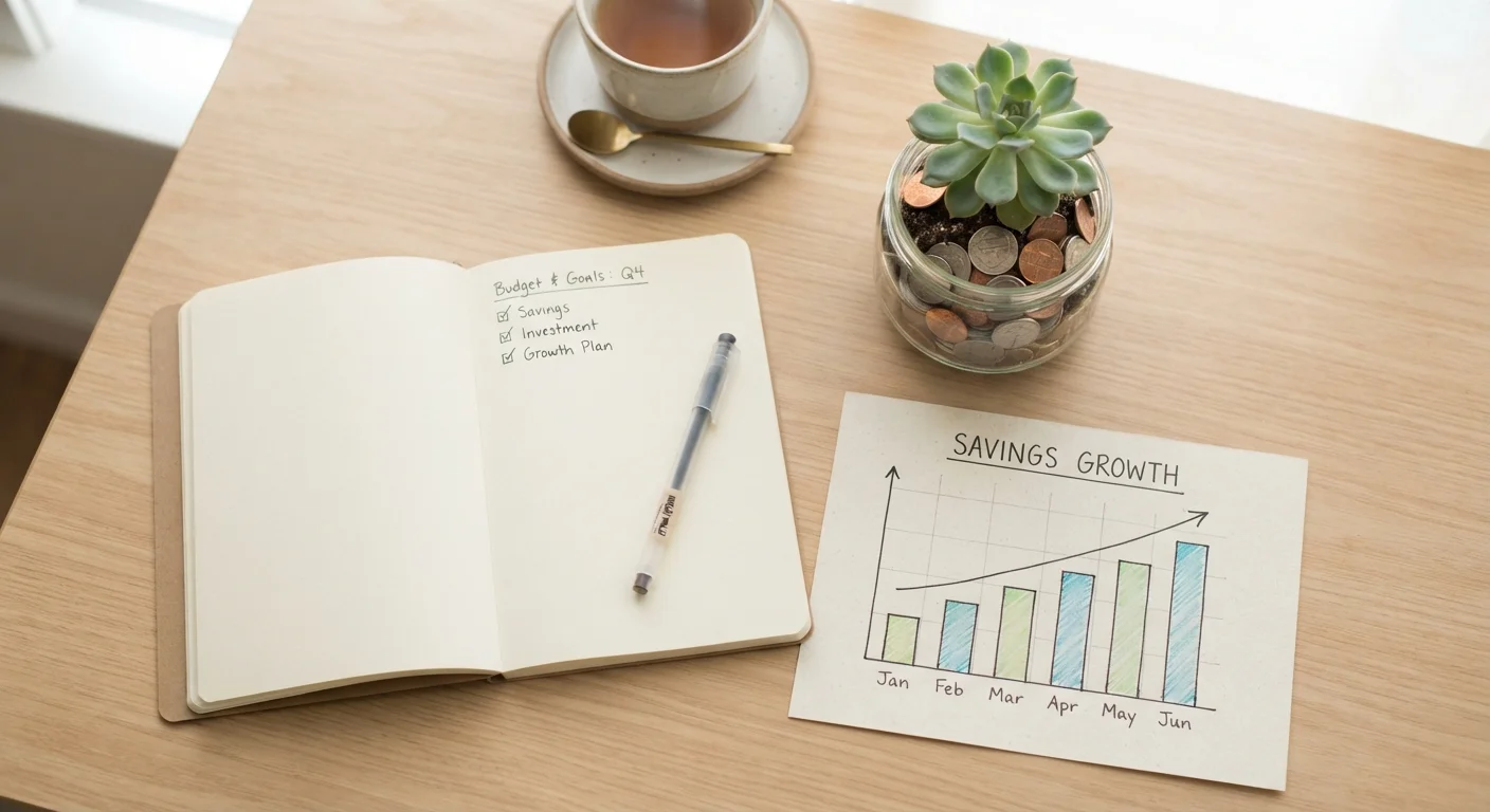 A notebook, coins with a small plant, and a simple chart representing beginner investing concepts