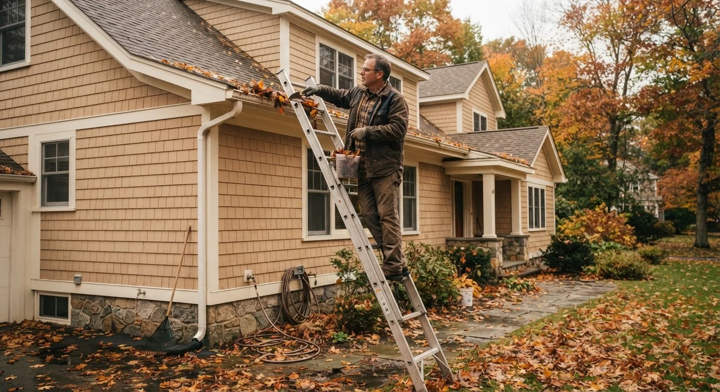 Homeowner inspecting gutters and roof edge on an autumn day before winter arrives.