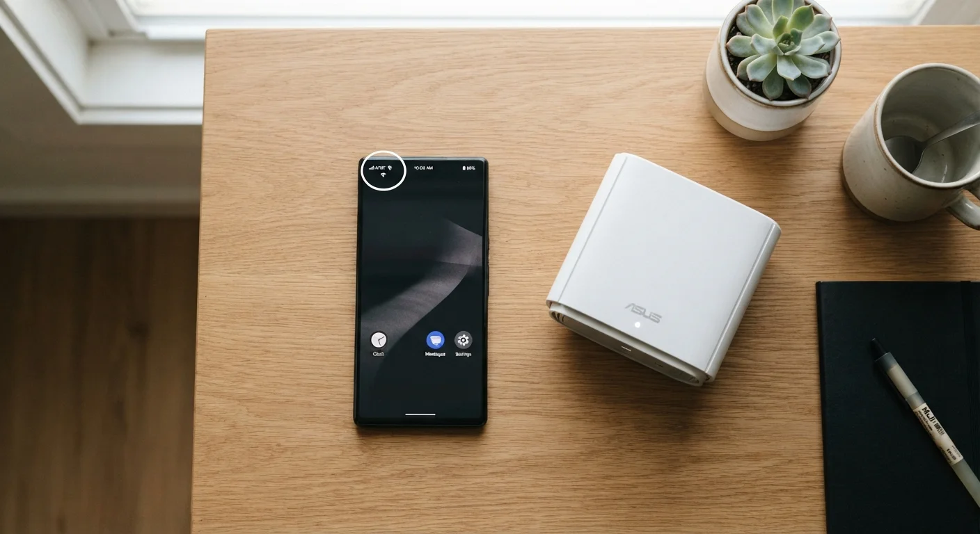 Smartphone showing both mobile signal bars and Wi-Fi icon on a desk near a router