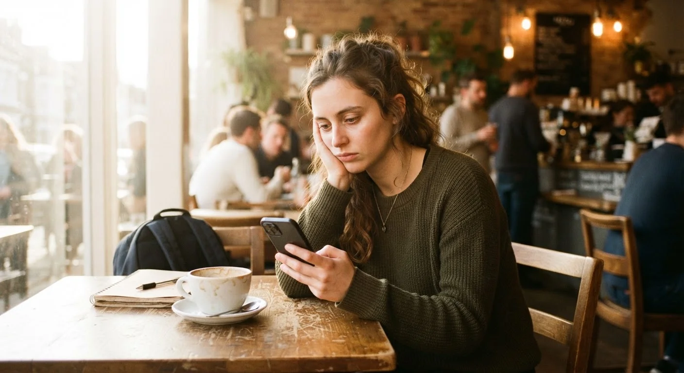 Person distracted by smartphone at a café table, coffee cup sitting untouched nearby