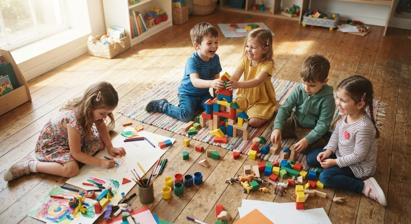 Young children engaged in hands-on play with colorful blocks and creative materials indoors