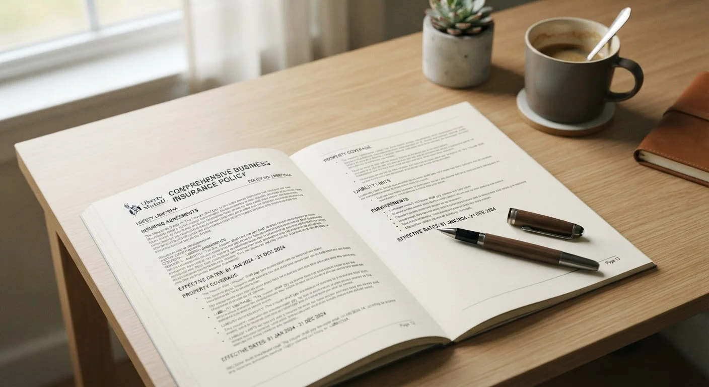 An open insurance policy document resting on a desk with a pen beside it