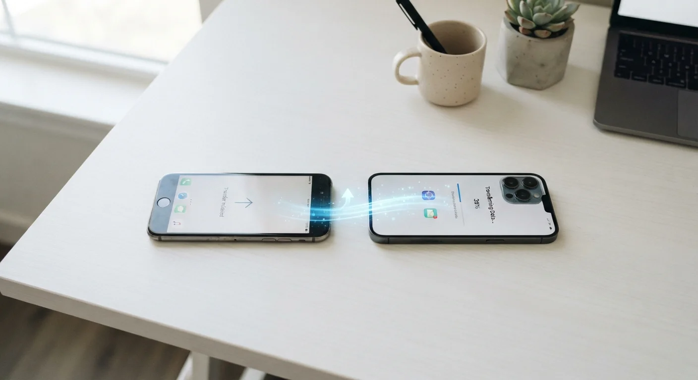 Two smartphones placed side by side on a desk, representing a phone data transfer setup