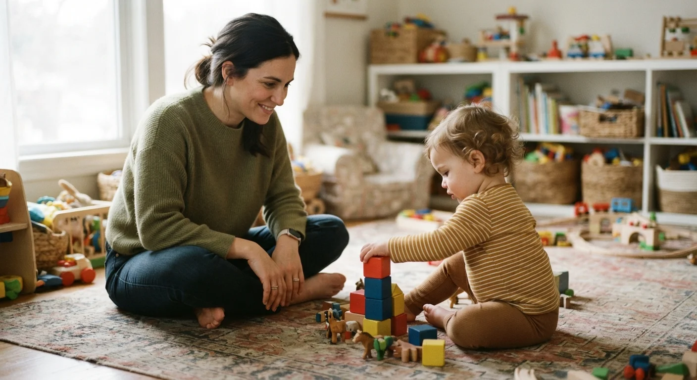Parent sitting on playroom floor watching a toddler explore and play with colorful toys