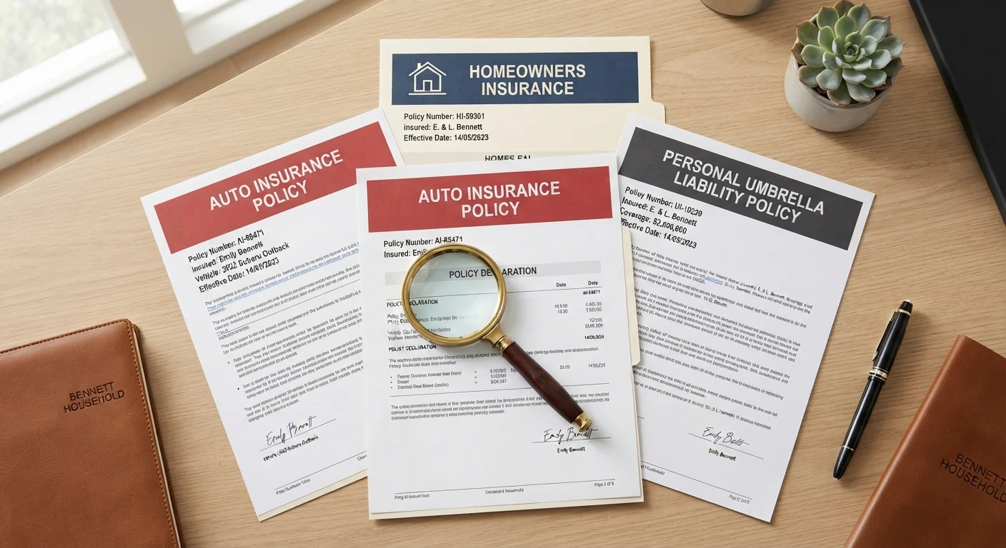 Three insurance policy documents labeled home, auto, and umbrella overlapping on a desk with a magnifying glass