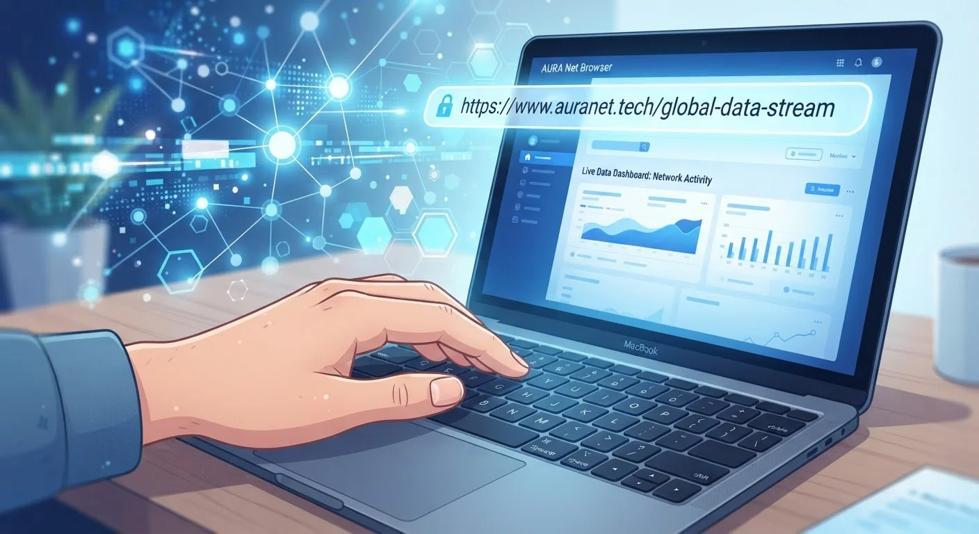 Person typing a web address into a browser with abstract network data flowing in the background