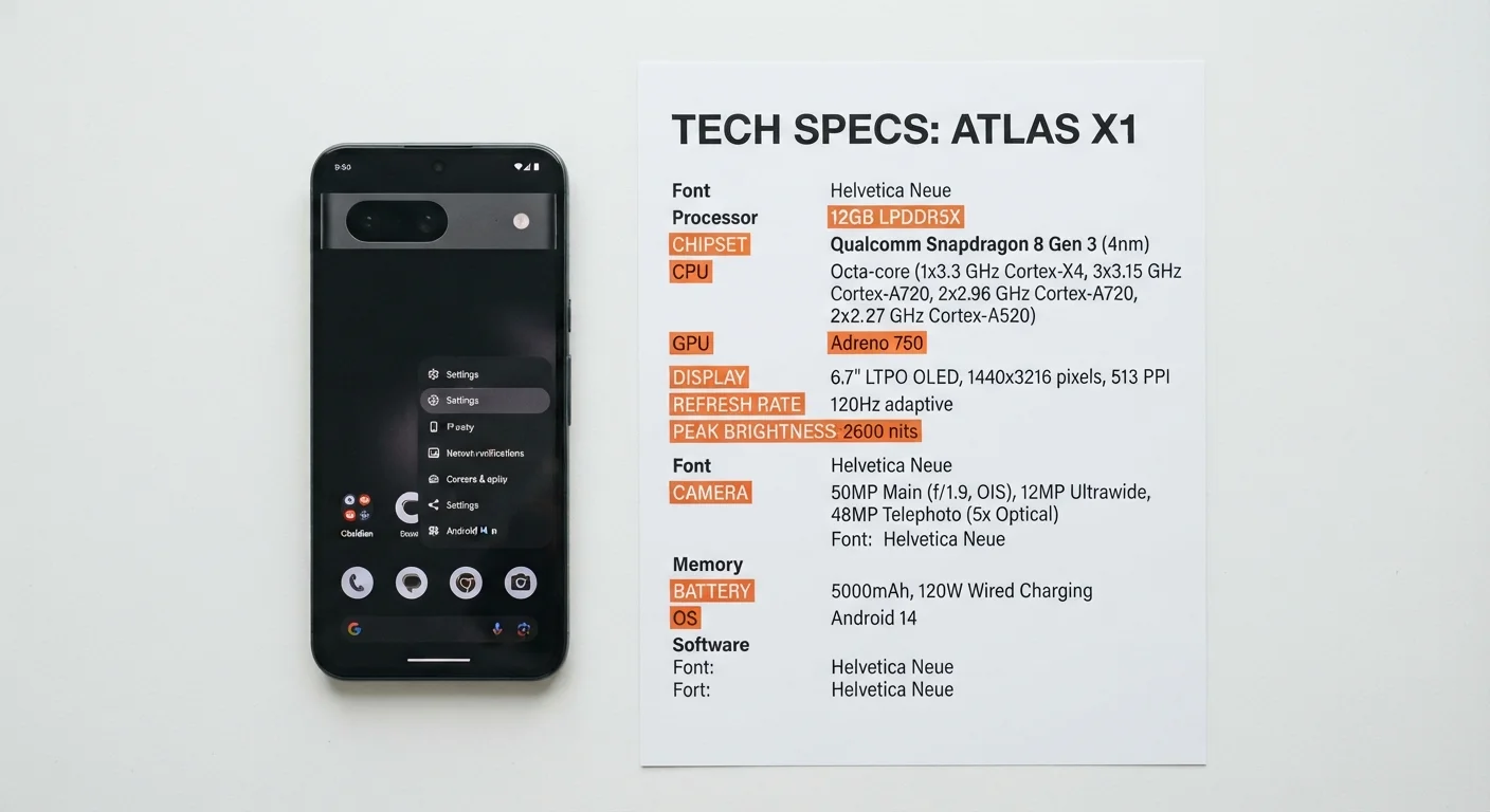 A smartphone resting beside a spec sheet with technical terms highlighted in bold