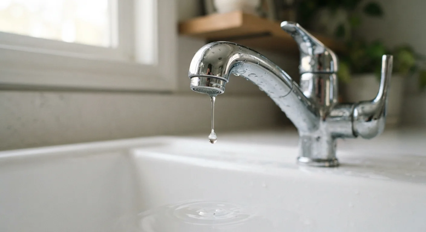 A chrome kitchen faucet with a water droplet falling from the spout into a white sink