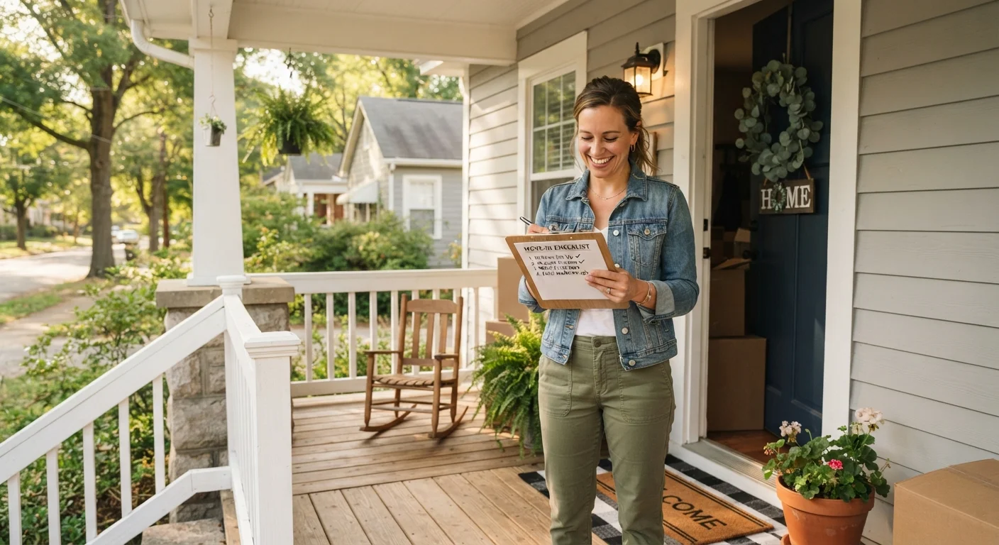 New homeowner standing on a front porch reviewing a home maintenance checklist on a sunny morning