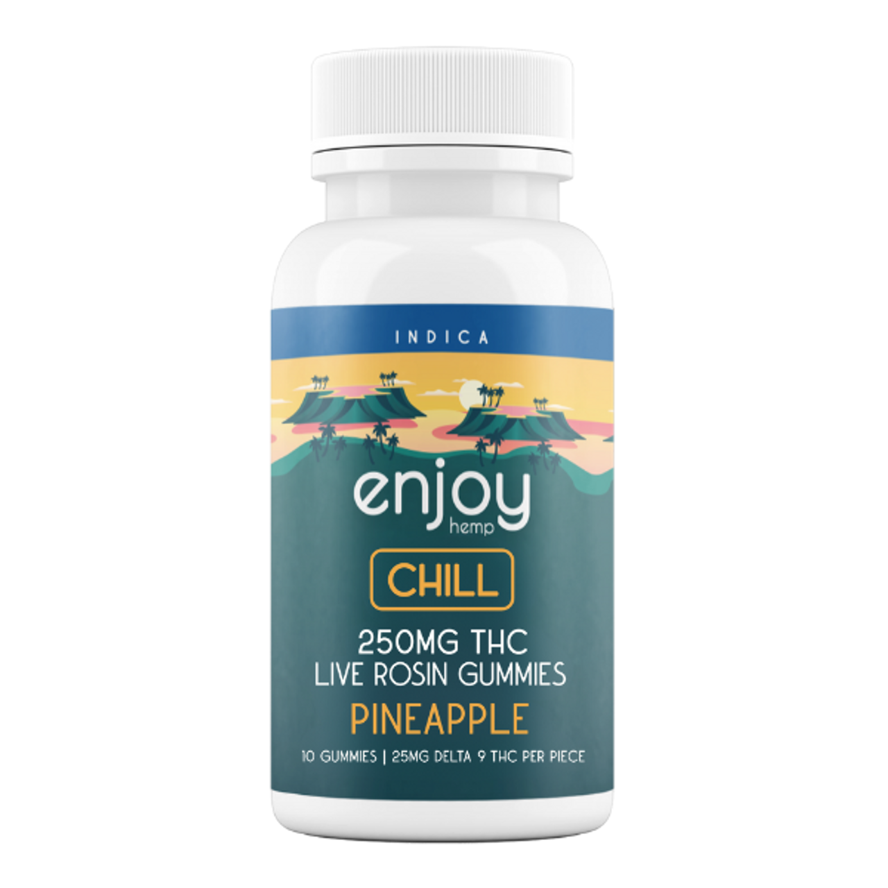 A bottle of Live Rosin Mega Dose gummies labeled "Chill," featuring pineapple flavor.