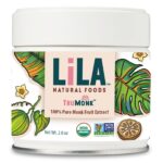 A labeled container of Lila Organic Monk Fruit Extract, featuring vibrant tropical designs and certifications.