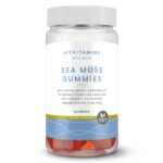 Sea Moss Gummies in a jar with fresh sea moss and a healthy lifestyle background.